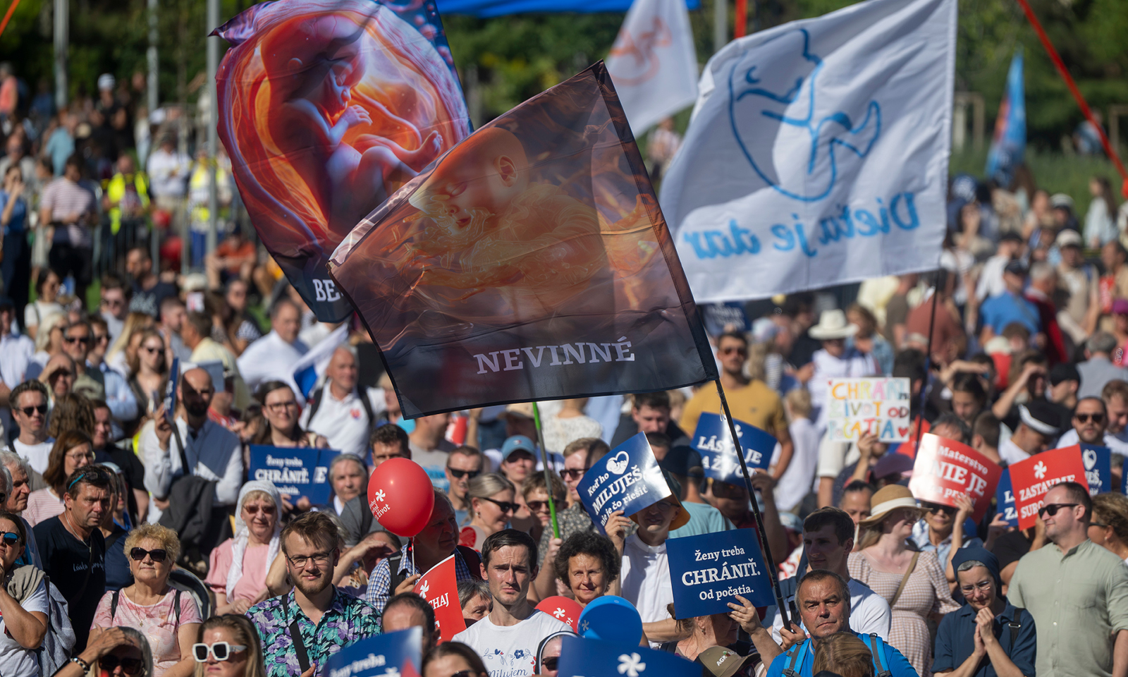 Pochod za život, dav ľudí s rôzymi bannermi, najväčšie s obrázkami plodu a nápismy ako 